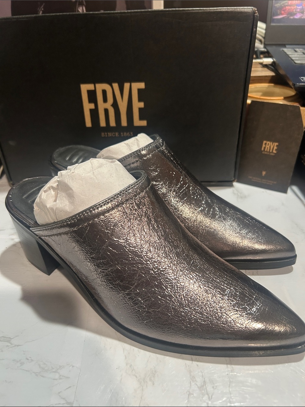 Frye Sadie Metallic Pewter Leather Mule